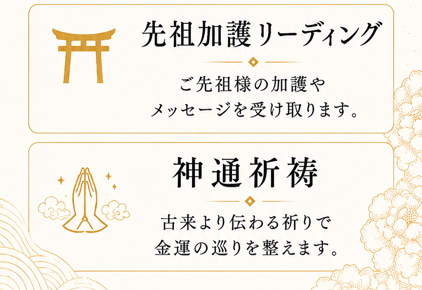 使用する占術 数秘術、先祖加護リーディング、神通祈祷